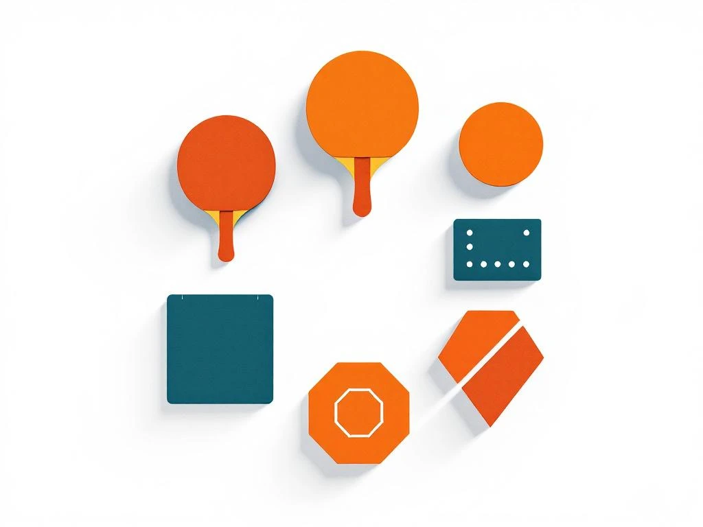 Seven geometric shapes in orange and teal arranged in circular pattern representing entertainment activities like ping pong, bowling, dance, games, music, and sports on white background.