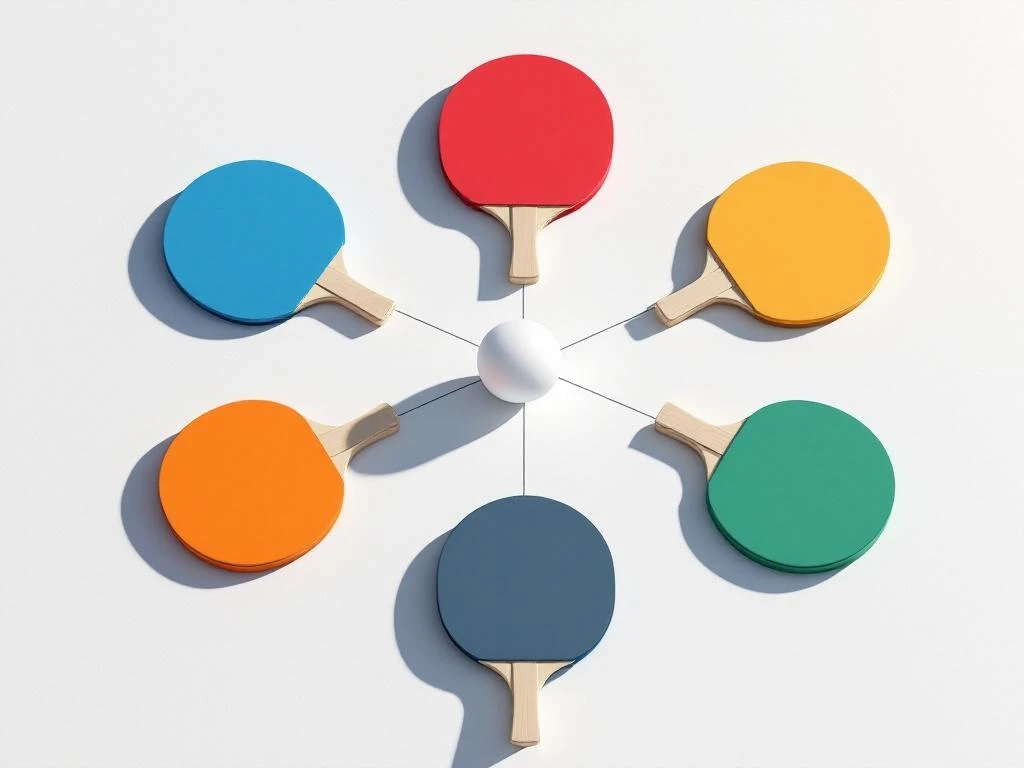 Six colorful ping pong paddles arranged in a circle around a white ball on clean white surface with geometric precision.